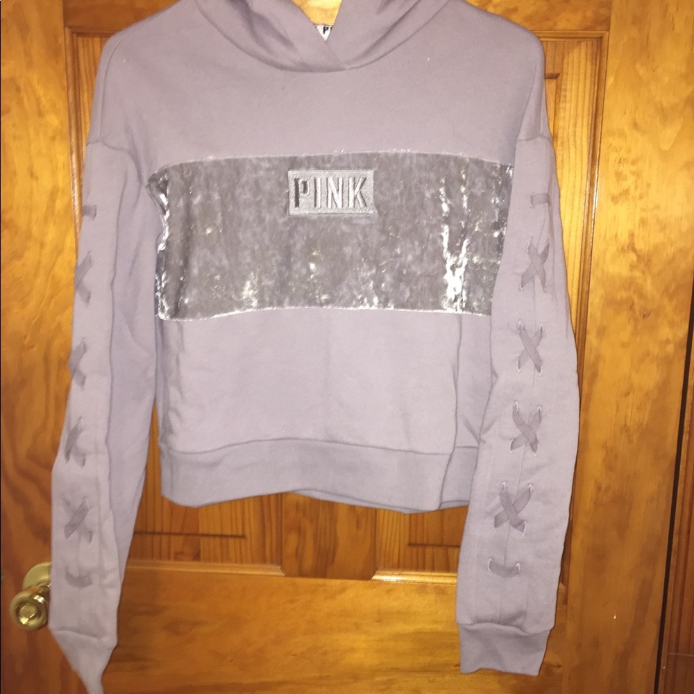 PINK velvet lavender lace up cropped hoodie
